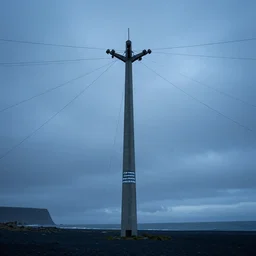 a concrete tower with several power cables coming from the top of the tower and going out of frame, the tower stands in a icelandic beach, cloudy day, blue hour, by filip hodas, by simon stalenhag, cinematic, dramatic light concept art, matte painting, trending on artstation, dystopia, cyberpunk