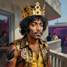 palette knife oil painting portrait of jimi hendrix, a king - with gold crown with rubies, man in mafia wear and australian aboriginal body paint, concrete balcony, nightclub, artstation trending, artgerm, any racial background, deviant art, hipster, octane, substance, art history 8 k