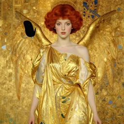 An angelic woman with short red hair in golden garbs by Gustav Klimt, ornate golden background, detailed
