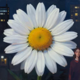 closeup, huge daisy flower head, woman in modern city, surreal photography, night light, dark, impressionist painting, digital painting, artstation, simon stalenhag