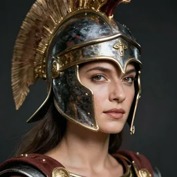 close - up portrait of female roman gladiator with helmet and armor, color photograph by helmut newton