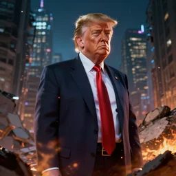 hyper realistic, advanced digital art, style of final + fantasy + 1 5, donald trump standing among the rubble of a ruined city at night, gaussian blur, city reflection, 8 8 mm lens, lens flare, fire particle in front, depth of field, close up shot, rim lights wlop
