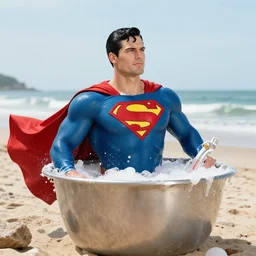 superman taking a bath at the beach