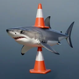 great white shark with an orange traffic cone orange traffic cone orange traffic cone instead of a fin - ron cheng & alphonse mucha, highly detailed, digital painting, ray tracing, concept art, illustration, smooth sharp focus, intricate, symmetry, artstation,