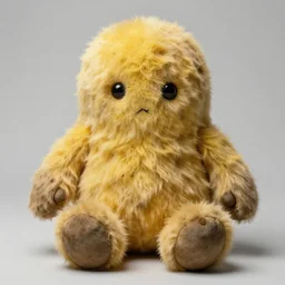 a fur covered jelly bean shape, dirty grungy stuffed animal, style of paul mccarthy and mike kelley, yellow - tan color