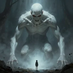a beautiful terrifying immense pale humanoid giant looms over a tiny human. ethereal horror fantasy art by greg rutkowski and hr giger