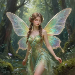 beautiful forest fairy in a scenic woods, sweet, graceful wings, lovely colors, sharp focus, high fantasy art, fairy aesthetics, intricate, elegant, highly detailed, hyperrealistic painting, artstation, concept art, painterly, dreamy, soft illumination, hasselbrad photography, illustration, art by scot howden
