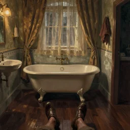 a painting of a romantic 1 9 2 0's bathroom, lowlight, one antique white clawfoot bathtub, curtains, dark wooden floor, cinematic light, first - person view, by jeremy lipking, joseph todorovitch