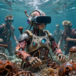 junkys underwater world, luminosity, cybertronic gadgets and vr helmet, flesh + technology, durty colours, mid shot, rotten textures, rusty shapes, biotechnology, norman rockwell, tim hildebrandt, dariusz zawadzki, bruce pennington, larry elmore, hyperrealistic matte painting, deep depth field, masterpiece, cinematic composition, hyper - detailed, hd, hdr