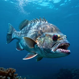 Giant fish with sharp teeth swimming in the ocean, thalassophobia, octane render, caustics, volumetric lighting, 4K