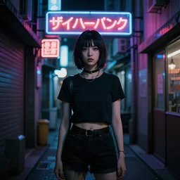 pretty girl n a dark alley with neon and restaurant sign, by kitsunet suki, cyberpunk, cybervibe, サイハーハンク, 攻 殻 機 動 隊, ghostintheshell, bladerunner, neonlights, scifidaily, neonnoir, neotokyo, cyberpunk aesthetic, tokyo camera club, night owlz,