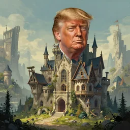 Donald trump, perfect fces. | background = fantasy art landscape, fantasy city, fantasy kunst, fantasy castle, fantasy house, architecture mystery, artstation, house illustration