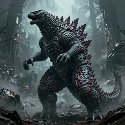 Godzilla designed by H.G Giger, pain, extreme detail, eerie, grim