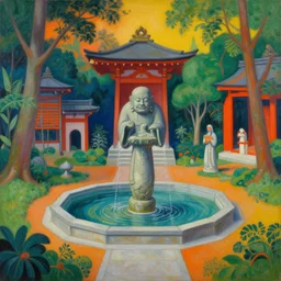 strange pagan japanese garden with a big ancient god fountain by beksinski and bosch, vibrant, hyperminimalist, surreal oil painting, highly detailed