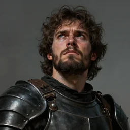 close up picture of a male warrior looking at the sky, angry, sad, burly, black plate armor, simple, brown skin, messy curly hair, unkempt beard, highly detailed, detailed face, smooth, sharp focus, chiaroscuro, digital painting, artgerm, greg rutkowski, alphonse mucha, young adult novel cover art