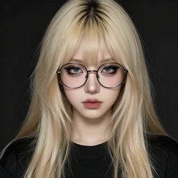 digital portrait of a beautiful adorable emo girlfriend with winged eyeliner, long dirty blonde hair and a fringe and dark blue eyes, wearing large round very thin - rimmed glasses, black clothes, dirty blonde color very long styled hair with straight fringe and bangs, intricate, sharp focus, digital illustration, highly detailed, octane render, digital painting, matte, art by professional artist, masterpiece