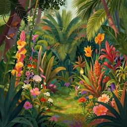 a garden full of tropical flowers and plants, flowerpunk, byagnes lawrence pelton, trend in artstation