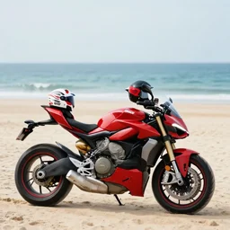 a beautiful realistic photo of a red ducati motorbike with an helmet on the saddle, a beautiful beach in the background, wide shot, dream, postcard, peace