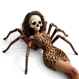 Skull that look too much like skull!, crypt lurker, 8k CG character rendering of a spider-like hunting female on its back, fangs extended, wearing a leopard-patterned dress, set against a white background, with textured hair and skin.
