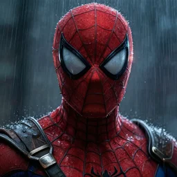 gladiator, peter parker with beard, scarred, wet, raining, close up, rim lighting, portrait, sinister atmospheric lighting. highly detailed painting by greg rutkowski, anime style! dream gladiator, spiderman with beard, wet, raining, close up, rim lighting, portrait, sinister atmospheric lighting. highly detailed painting, anime style