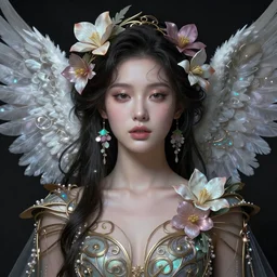 beautiful young woman's face, magical, angelic wings, flowers, intricate, synth-wave, retrowave,  highly-detailed, elegant, dramatic lighting, gorgeous face, lifelike, photorealistic face, long luxurious intricate gown, digital painting, artstation,  illustration, concept art, smooth, sharp focus, art by Craig Russel, Barry Smith, artgerm, and Albert Aublet and Krenz Cushart and Artem Demura and Alphonse Mucha