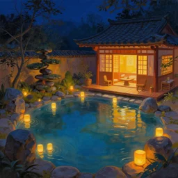 painting of night time intimate currently empty traditional onsen with glowing water spirits by small inn floating lanterns by artgerm mullins rutkowski mucha bonsai zen garden warm inn bioluminescence concept art fantasy octane raytracing vivid color indirect light artstation