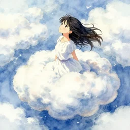 dreaming girl in the cumulus cloud lands. watercolor by award - winning mangaka, romaticism, intricate details, depth of field