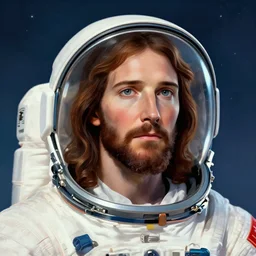 head and shoulders masterpiece portrait of a jesus wearing a spacesuit, surreal background, digital art by Krenz Cushart, trending on artstation, cgsociety,