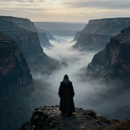 ultrawide silhouette of gandalf standing on the ridgeline, overlooking a misty canyon, by alan lee, deep color