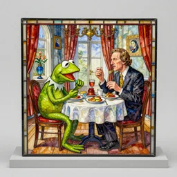 beautiful studio photograph of a surrealist assemblage of kermit the frog eating a delicious meal at a table made out of stained glass in the presidential suite, made of watercolor - painted plaster on a pedestal by ron mueck and matthew barney and rene magritte, hysterical realism intense cinematic lighting shocking detail 8 k