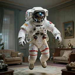 a cybernetic symbiosis of a single astronaut eva suit infected with diamond 3d fractal lace iridescent bubble 3d skin  covered with insectoid compound eye camera lenses floats through the living room, film still from the movie directed by Denis Villeneuve with art direction by Salvador Dalí, wide lens,