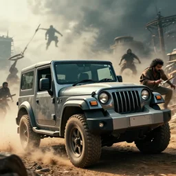 Mahindra thar, malayalis attacking, furious action scene, an epic fantasy, dramatic lighting, cinematic, establishing shot, extremely high detail, photorealistic, cinematic lighting, artstation, by simon stalenhag, shadow of the tomb rider