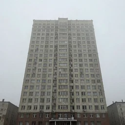a very tall soviet panel building in the fog, dystopian style, 4k, octane, hyperrealistic, extremely detailed,
