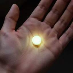 glowing pill on the palm of a hand, high detail, crisp shading, in the style of greg rutkowski and alphonse mucha and lisa frank