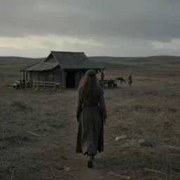 a woman with long hairs walks towards a tavern in a barren landscape, in alan lee and marc simonetti and emil melmoth style  , cinematic lighting
