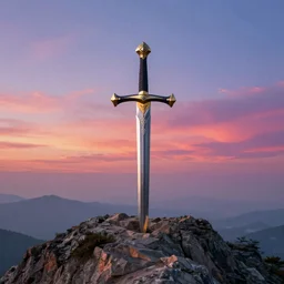 sword implanted onto a mountain, colourful sky, by sylvain sarrailh, rossdraws, ambient light, ultra detailed, fantasy artwork, 8 k, volumetric lighting, trending on artstation, award winning, very beautiful.