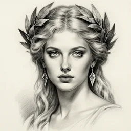 realism tattoo sketch of aphrodite greek goddess wearing a laurel wreath and arrowhead earrings, beautiful piercing eyes with small pupils, sexy look, beautiful blonde hair, in the style of den yakovlev, amazing detail, fantasy, elegant, smooth, sharp