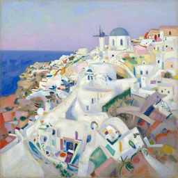 abstract landscape painting of seaside town santorini, joyful pastel colors, by david bomberg, borgeaud, marius borgeaud, sonia delaunay, albert marquet, richard diebenkorn, ilse d'hollander, etel adnan