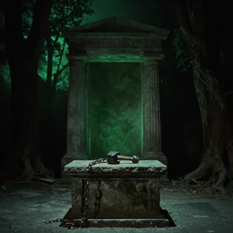 the image is a lost hollywood film still 1 9 8 0 s photograph of in this image, we see the shrine of the greek god hades. it is a dark and foreboding place, surrounded by shadowy trees and lit by a single, eerie green light. the shrine itself is a simple stone altar, upon which rests a blacksmith's hammer. this is the tool of hades, used to forge the chains that bind the souls of the dead. vibrant cinematography, anamorphic lenses, crisp, detailed image in 4 k resolution.