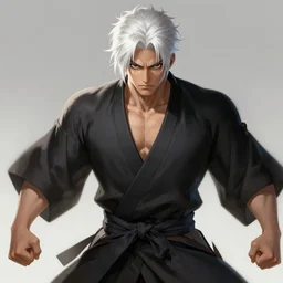 a highly detailed illustration of fierce short white haired parted through the middle young attractive asian man, wearing hakama, with black sclera eyes, heroically battle posing, muscular, intricate, elegant, highly detailed, centered, digital painting, artstation, concept art, smooth, sharp focus, league of legends concept art, WLOP