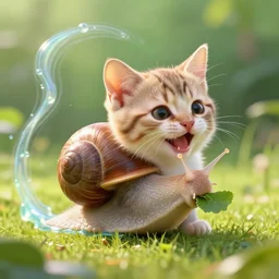 joyful snail - kitten eating a small delicious looking leaf, medium shot, radiant slime trail, vibrant, artstations, octane render, by edgar maxence and ross tran and michael whelan, photorealistic anamorphic lens