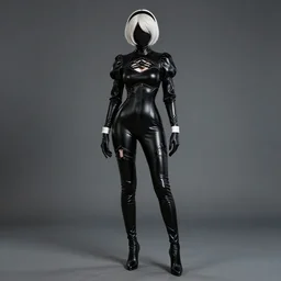 hooded flat slim thin petite 2 b from nier automata, in extra tight shiny black latex suit, long sleeves, turtleneck, trending on artstation, establishing shot, fullbody shot