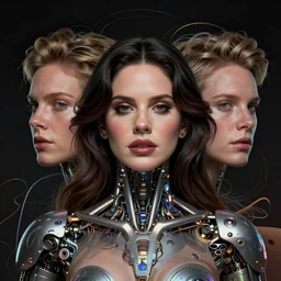 portrait of Lana Del Rey as a cyborg. intricate abstract. intricate artwork. by Tooth Wu, wlop, beeple, dan mumford. mulholland drive by david lynch, dune by david lynch, octane render, trending on artstation, greg rutkowski, alex ross. very coherent symmetrical artwork. cinematic, hyper realism, high detail, octane render, 8k, iridescent accents