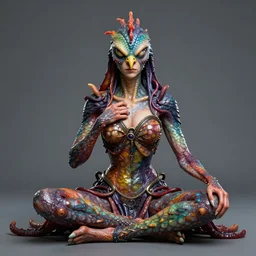 a portrait photograph of a meditating fierce sadie sink as a colorful harpy super hero with a mutated slimy scaled body. she is trying on a dress and transforming into a slick amphibian. by tom bagshaw, donato giancola, hans holbein, walton ford, gaston bussiere, peter mohrbacher and brian froud. 8 k, cgsociety