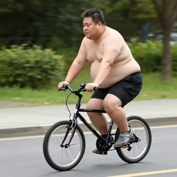 an extremely fat man riding a very small bicycle