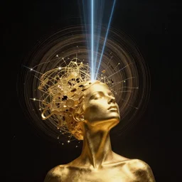 a golden woman 2/3 portrait, in space, head breaking apart and spiraling geometry into the sky upwards, 3 point perspective, lazer beaming down to top of her head, by james jean, by frank frazetta, by roger dean, by syd mead artgerm,  XF IQ4, f/1.4, ISO 200, 1/160s, 8K, RAW, featured in artstation, octane render, cinematic, elegant, intricate, 8k