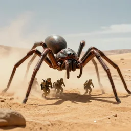 giant spider alien chasing a group of soldiers like the film stargate on a desert world, telephoto shot, mid day, heat shimmering.