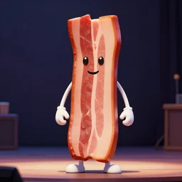 antrophomorphic bacon dressed as an actor, on stage