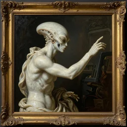 an ornate marble statue of a futuristic alien reaching through a framed painting, pulp sci - fi art for omni magazine. high contrast. baroque period, oil on canvas. renaissance masterpiece