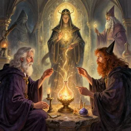 wizards discussing alchemy concept art